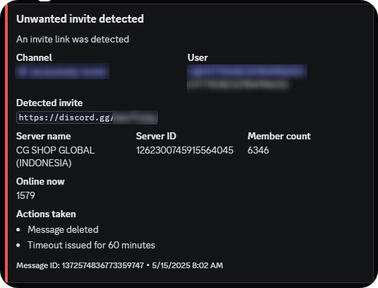 Unwanted invite detection message